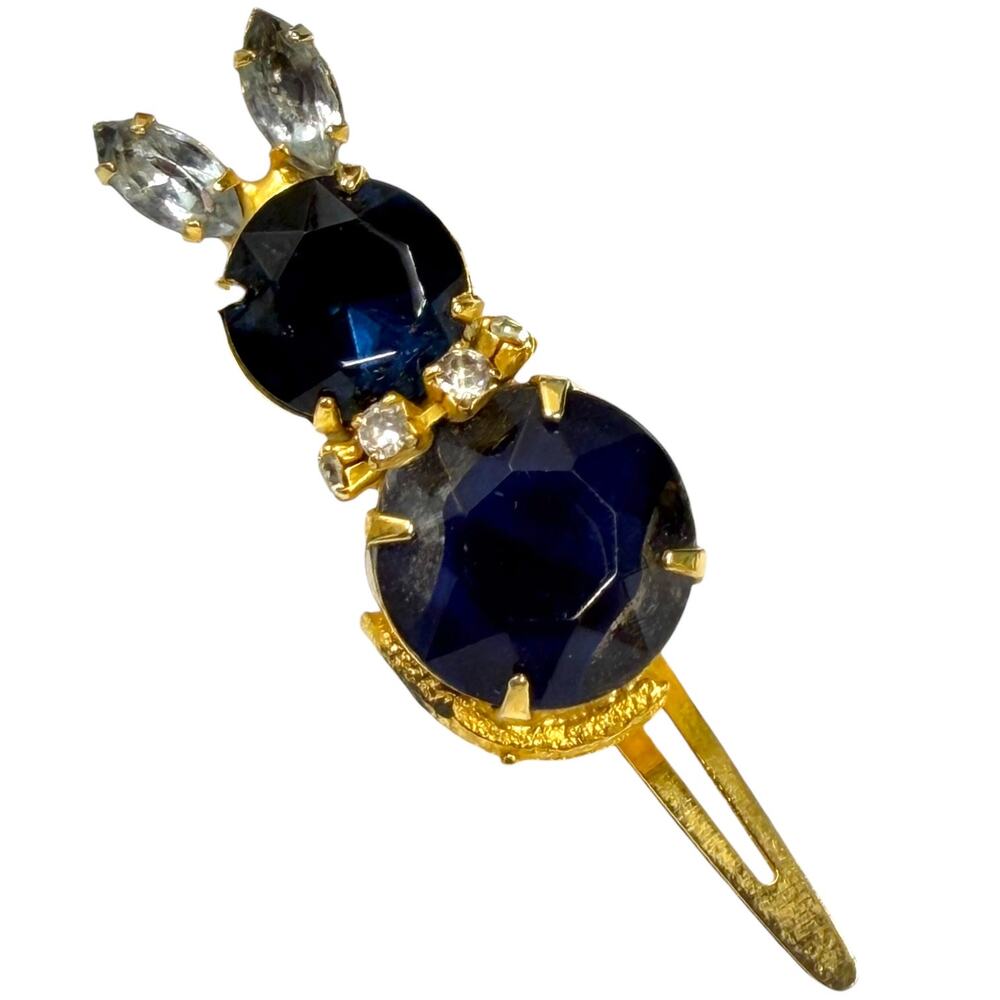 Vintage 50s Continental Sapphire Blue Rhinestone Bunny Rabbit Hair Clip Barrette